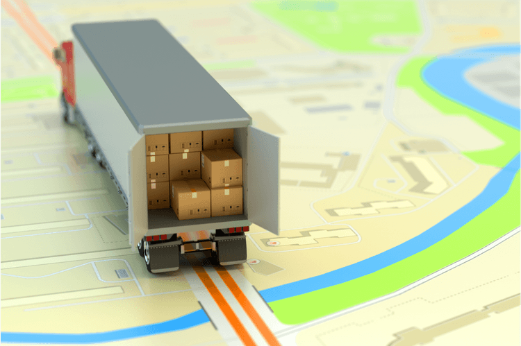 A truck loaded with cargo boxes depicted on a map, highlighting the
complexities and new regulations of post-Brexit customs clearance for UK-EU trade.