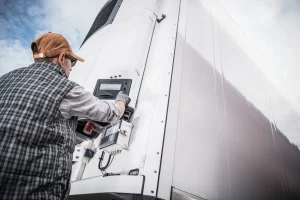 Truck mechanic inspecting cargo container with tools.